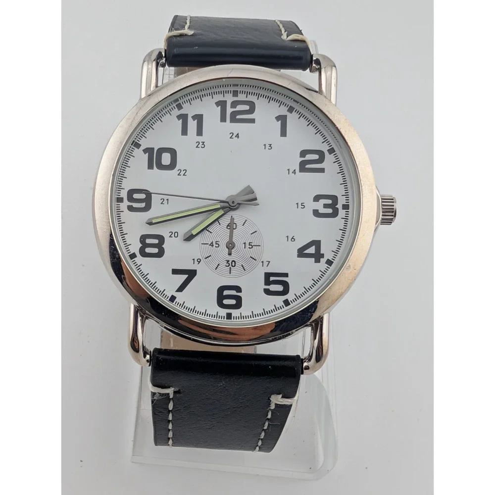 Men's Quartz Watch 42mm Silver Case Black Faux Leather Band- New Battery